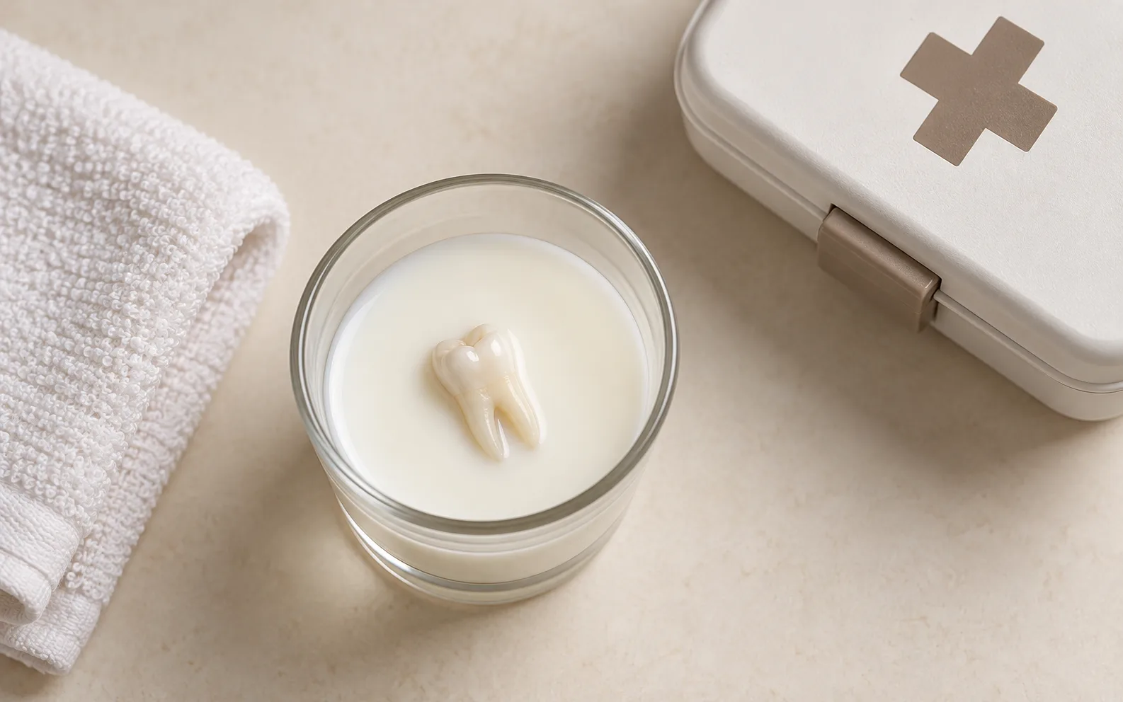 Diente permanente conservado en leche junto a un botiquín