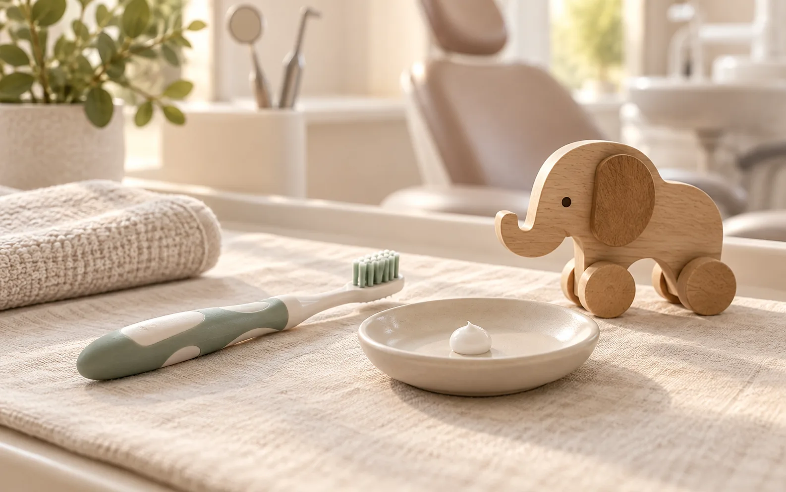 Cepillo infantil, pasta dental y juguete de madera